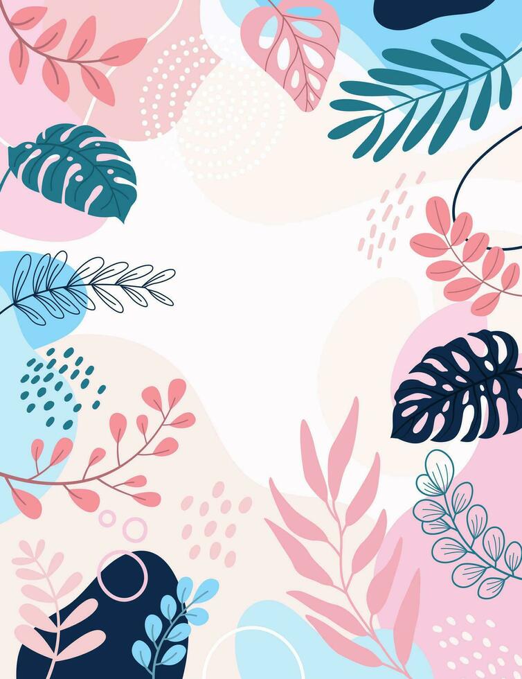 diseño de fondo de marco de banner. ilustración de vector de fondo de cartel colorido. plantas exóticas, ramas, impresión de arte para belleza, moda y productos naturales, bienestar, boda y evento.