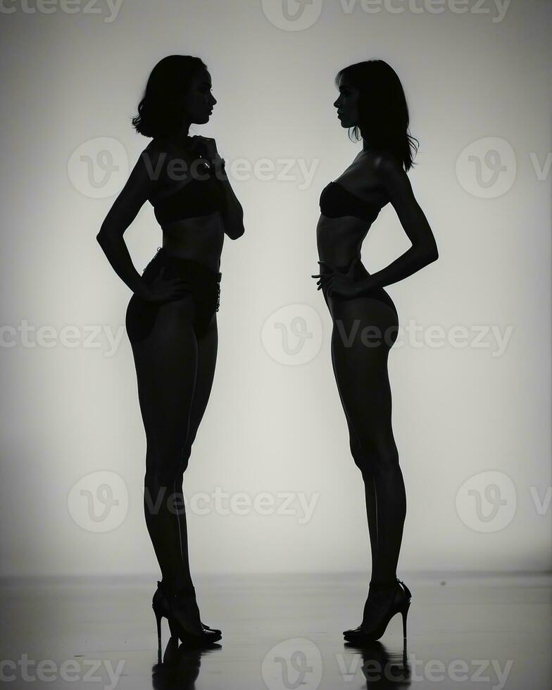 AI generated Silhouette of three women in black and white dresses, studio shot. ai generative photo