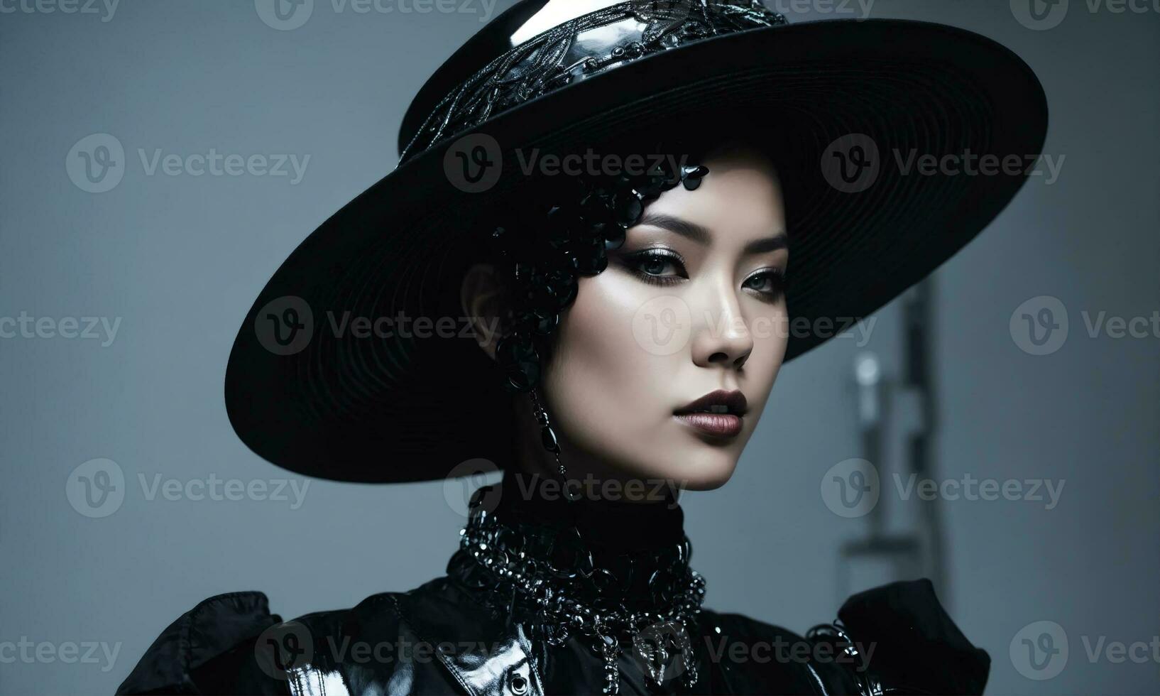 AI generated beautiful woman in hat and leather jacket looking at camera in city. ai generative photo