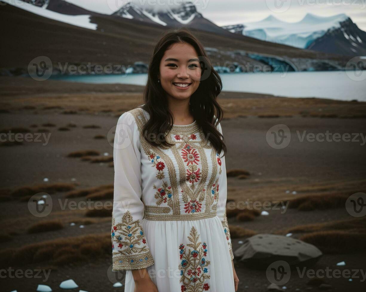 AI generated Portrait of a young woman smiling at camera in front of icebergs. ai generative photo
