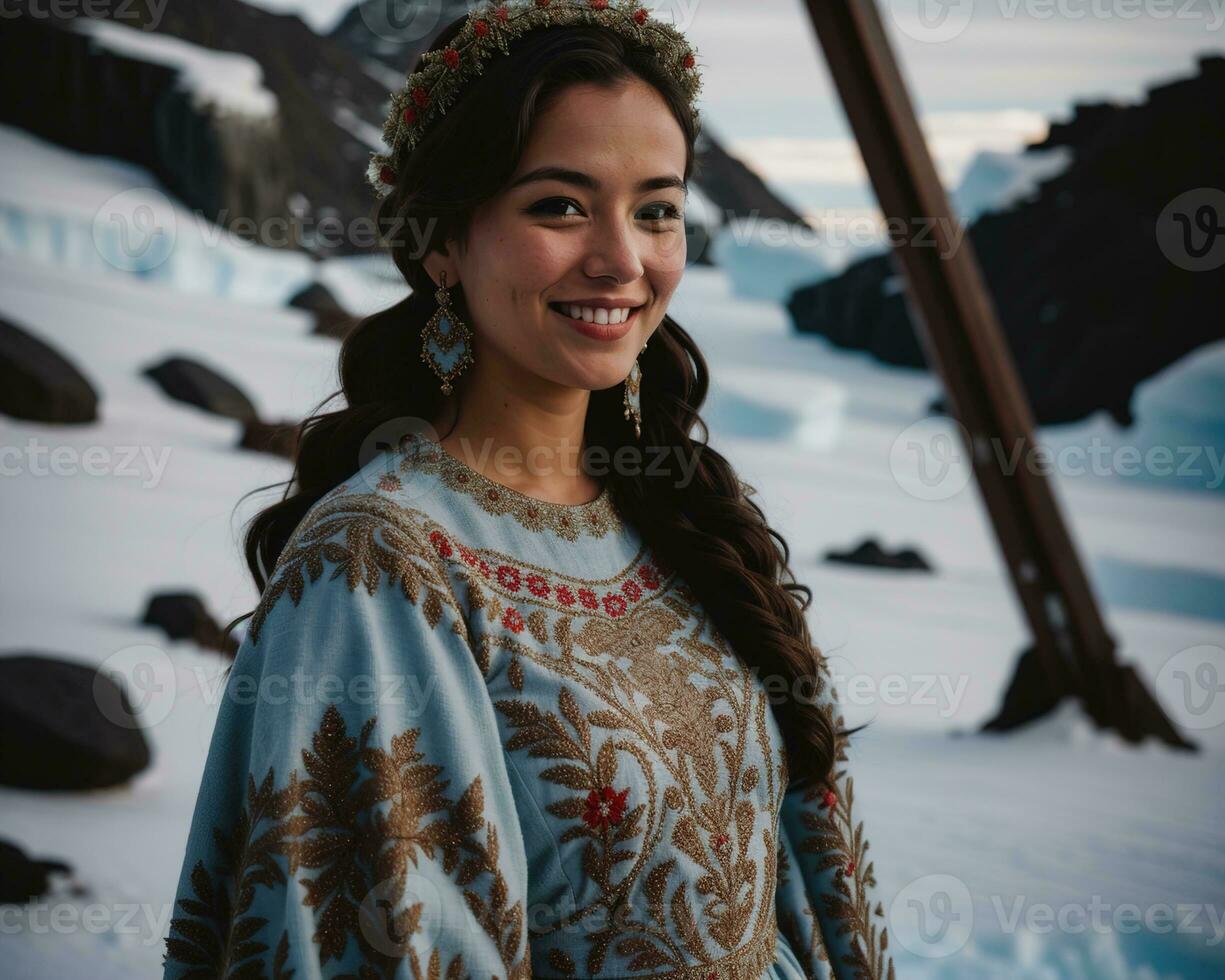 AI generated Portrait of a young woman smiling at camera in front of icebergs. ai generative photo