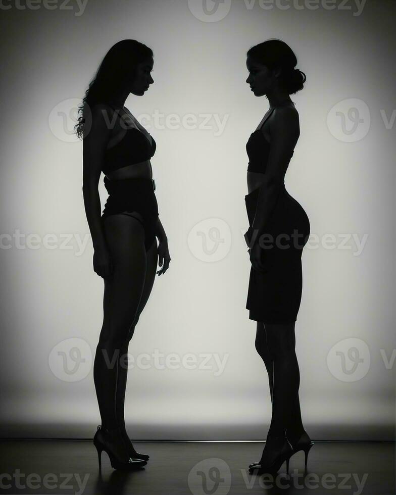 AI generated Silhouette of three women in black and white dresses, studio shot. ai generative photo