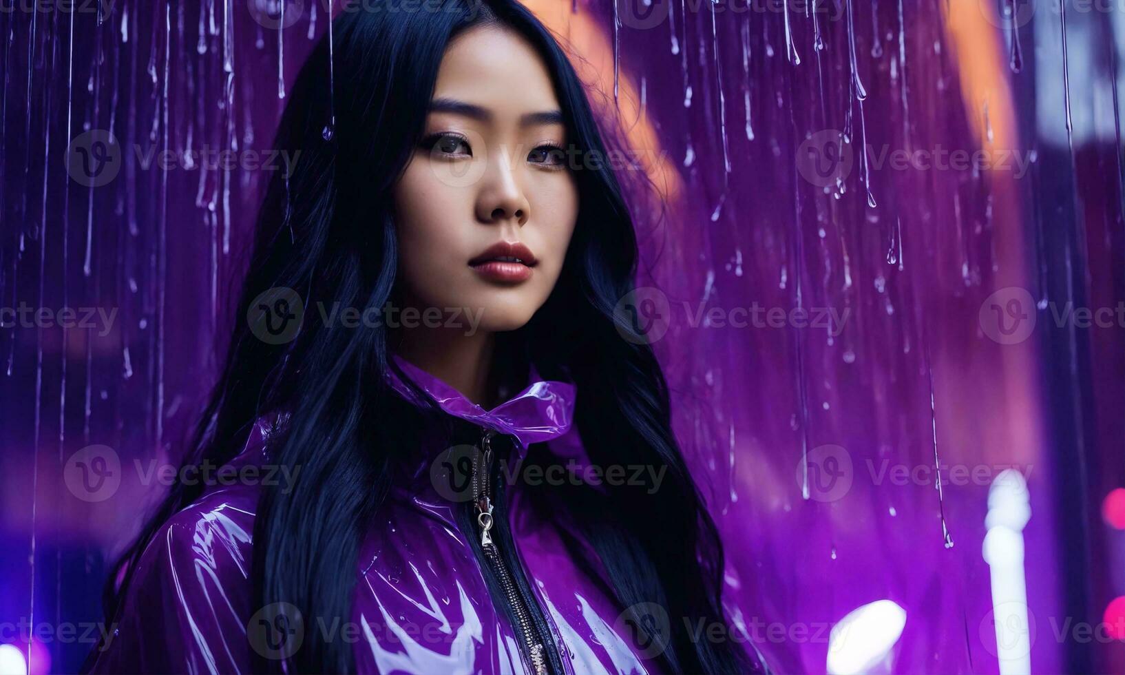 AI generated beautiful asian woman in purple raincoat walking in the city. ai generative photo