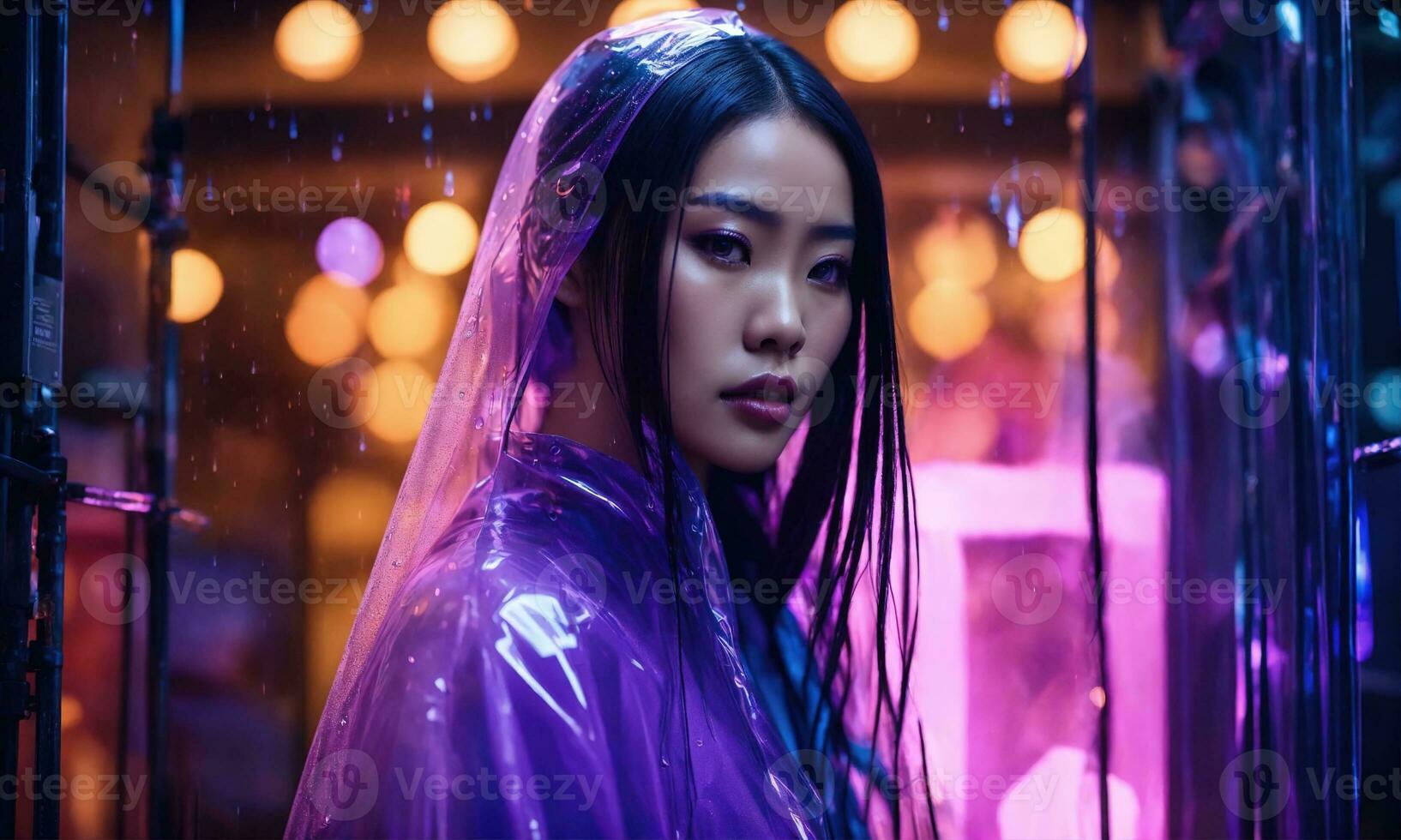 AI generated beautiful asian woman in purple raincoat walking in the city. ai generative photo