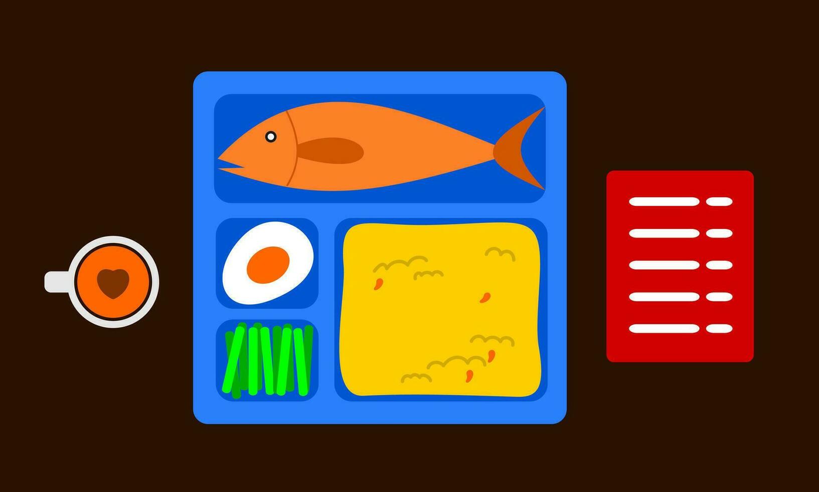 breakfast menu with yellow rice as a side dish of fried fish, eggs, a few pieces of vegetables and coffee vector