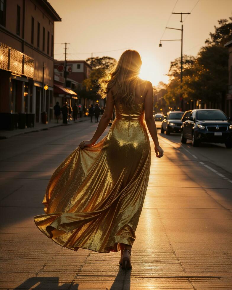 AI generated Beautiful young woman in a long yellow dress walking on the street at sunset. ai generative photo