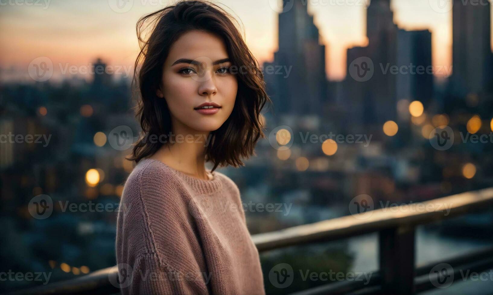 AI generated Portrait of a beautiful young woman in the city at sunset. ai generative photo