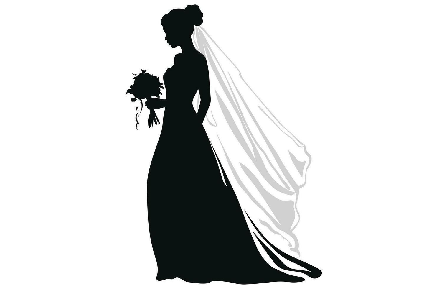 un novia con ramo de flores negro silueta vector Arte