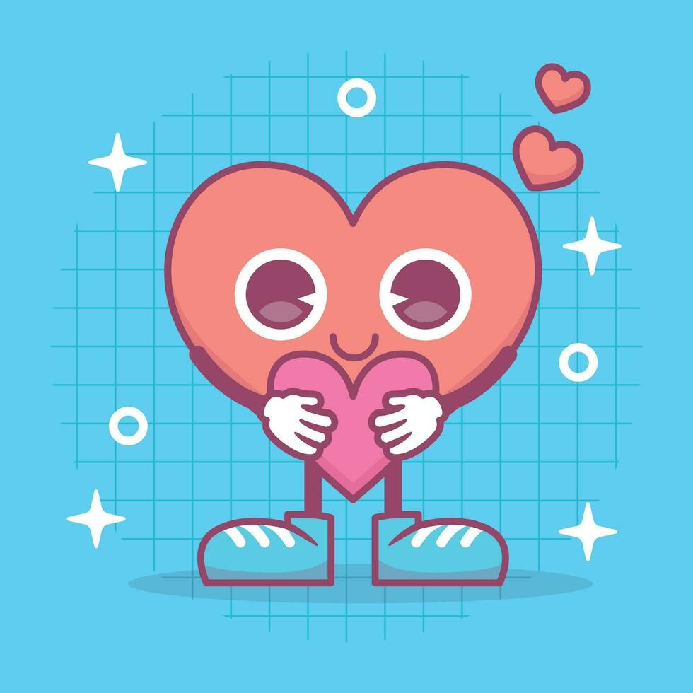 Heart funny cartoon character holding heart. Happy valentine's day concept. Romantic mascot. flat Vector illustration.