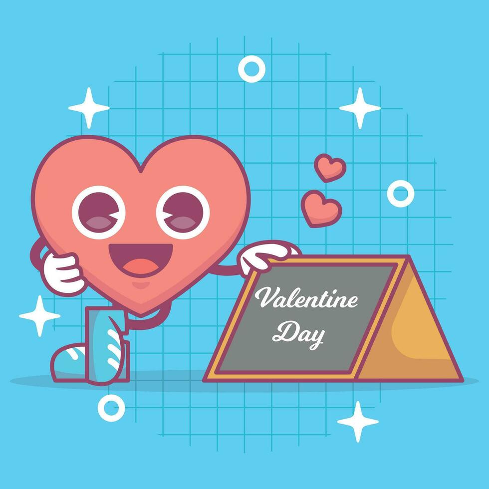 Heart funny cartoon character with board. Happy valentine's day concept. Romantic mascot. Flat Vector illustration.