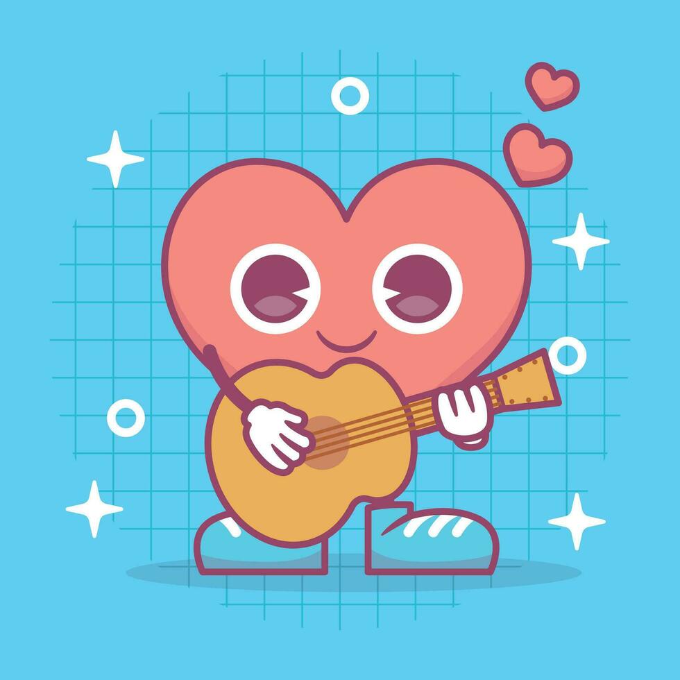 Heart funny cartoon character playing guitar. Happy valentine's day concept. Romantic mascot. Flat Vector illustration.