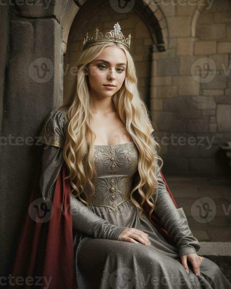 ai generado hermosa mujer en medieval vestidos posando en frente de un castillo. ai generativo foto