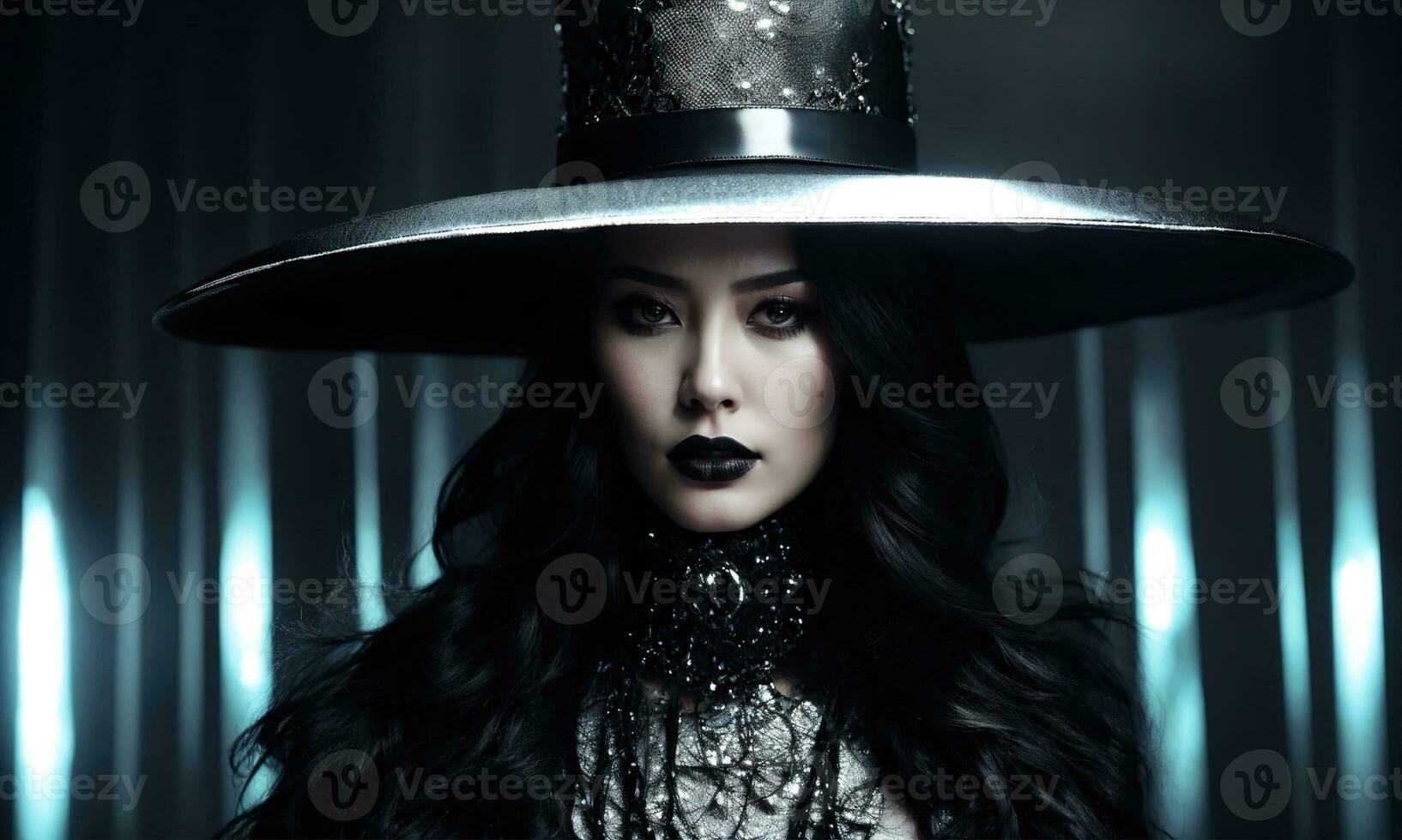 AI generated beautiful woman in hat and leather jacket looking at camera in city. ai generative photo