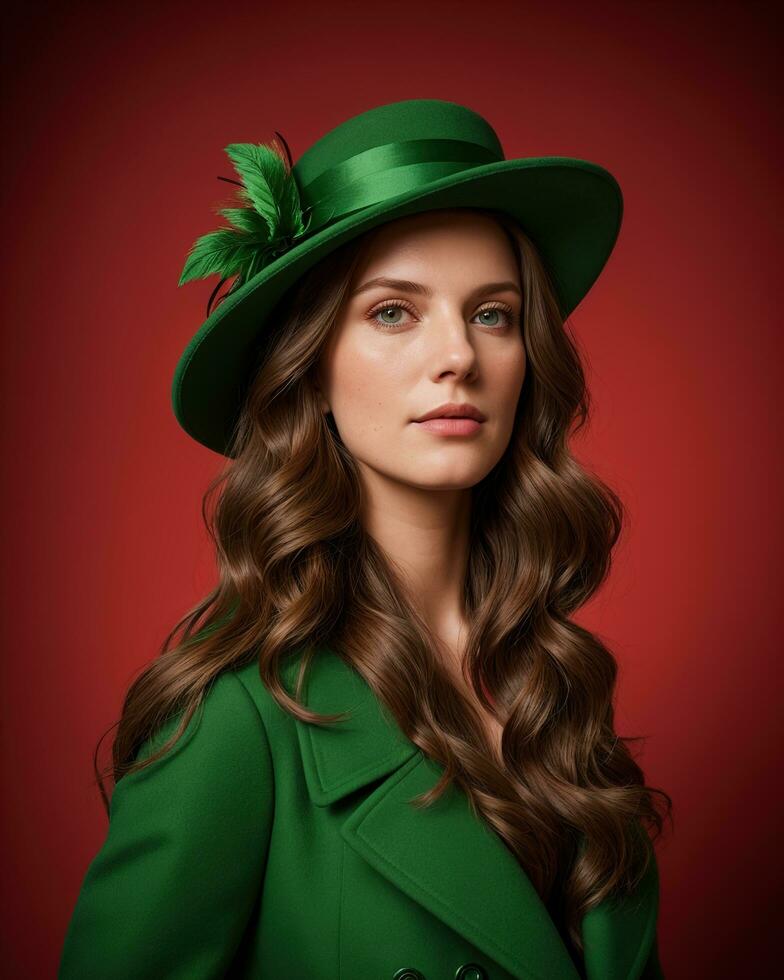 AI generated Portrait of a beautiful young woman in green coat and red hat. ai generative. ai generative photo