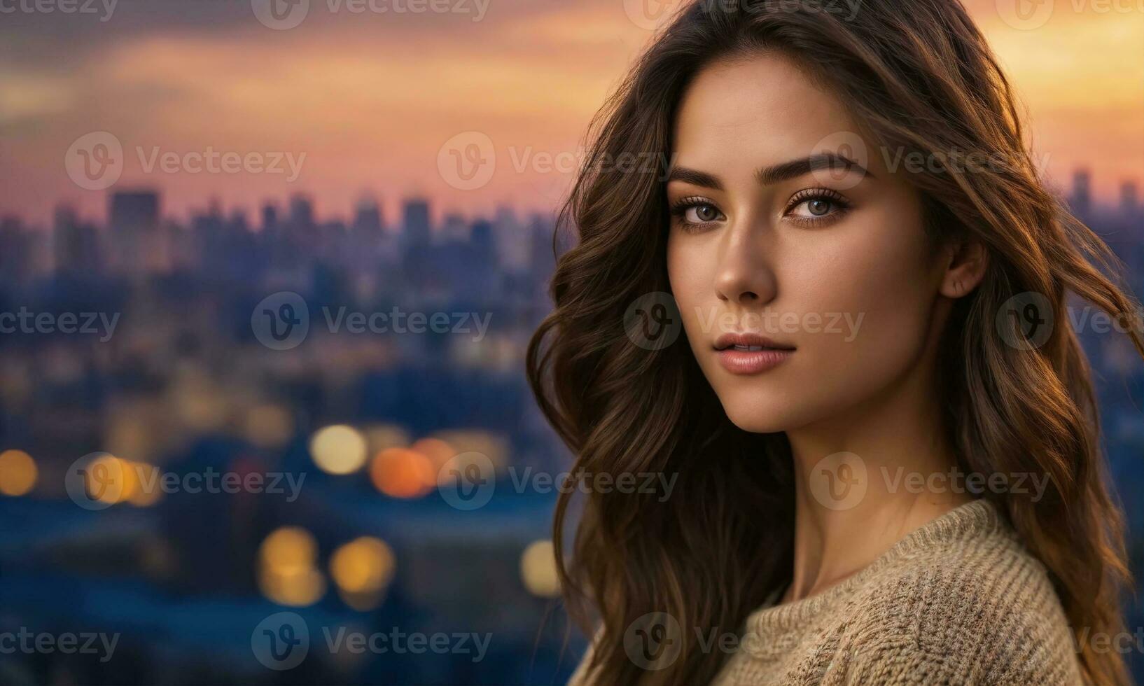AI generated Portrait of a beautiful young woman in the city at sunset. ai generative photo