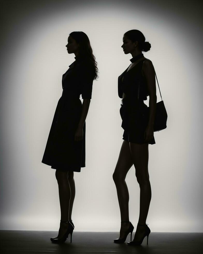 AI generated Silhouette of three women in black and white dresses, studio shot. ai generative photo