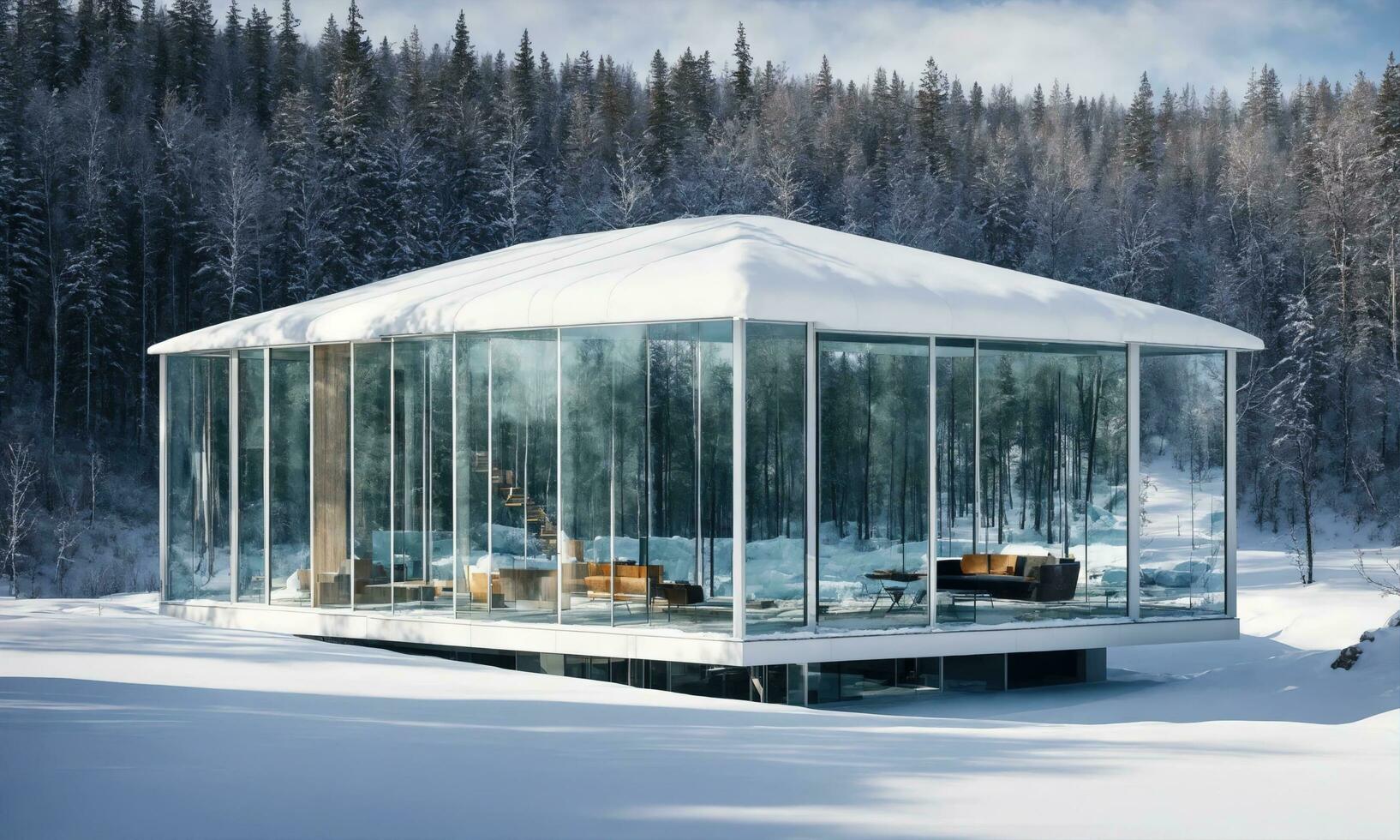 AI generated Sunset in the winter forest with a pavilion on the roof. ai generative photo