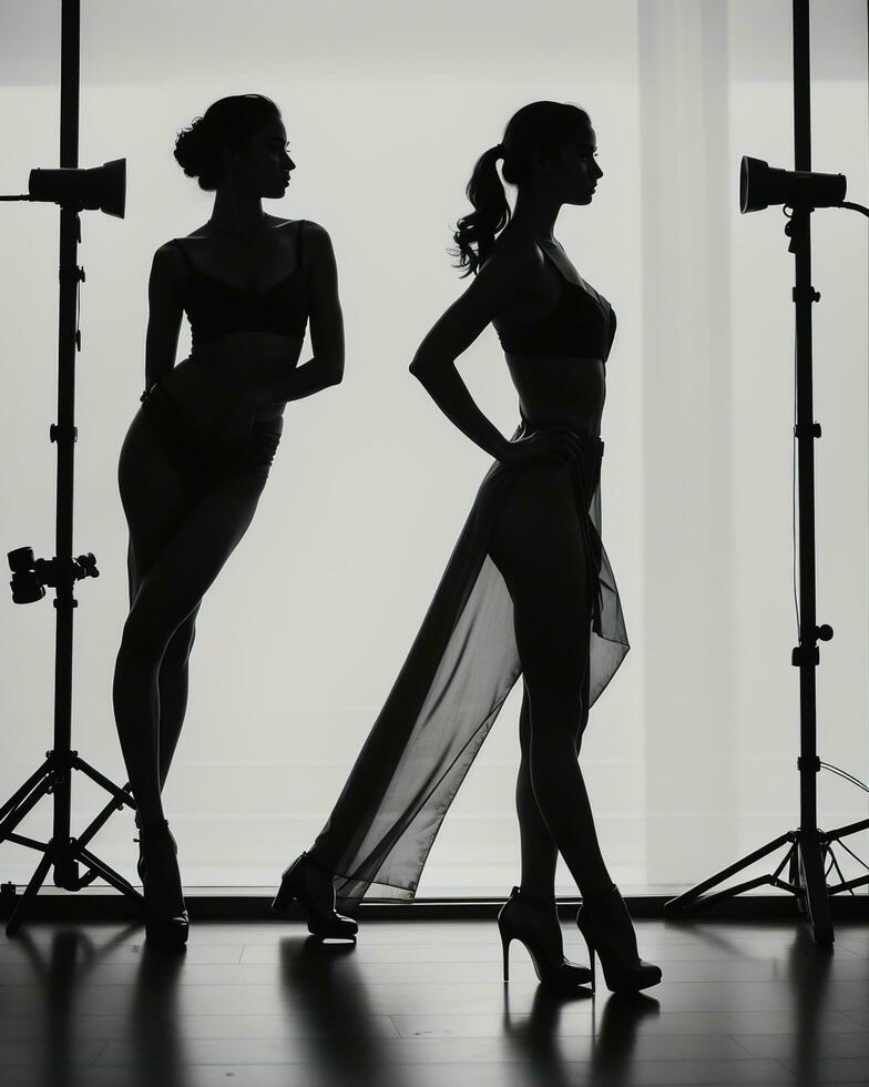 AI generated Silhouette of three women in black and white dresses, studio shot. ai generative photo