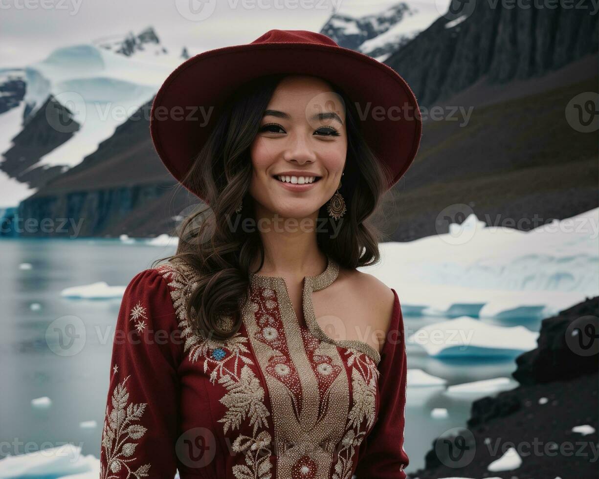 AI generated Portrait of a young woman smiling at camera in front of icebergs. ai generative photo