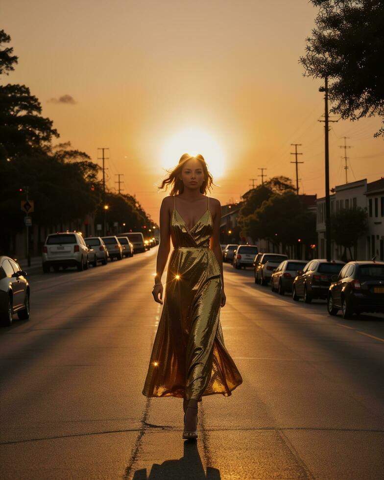 AI generated Beautiful young woman in a long yellow dress walking on the street at sunset. ai generative photo