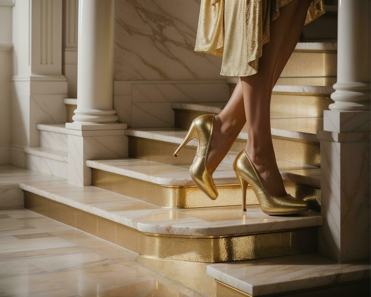 AI generated Female legs in golden high-heeled shoes on the stairs. ai generative photo