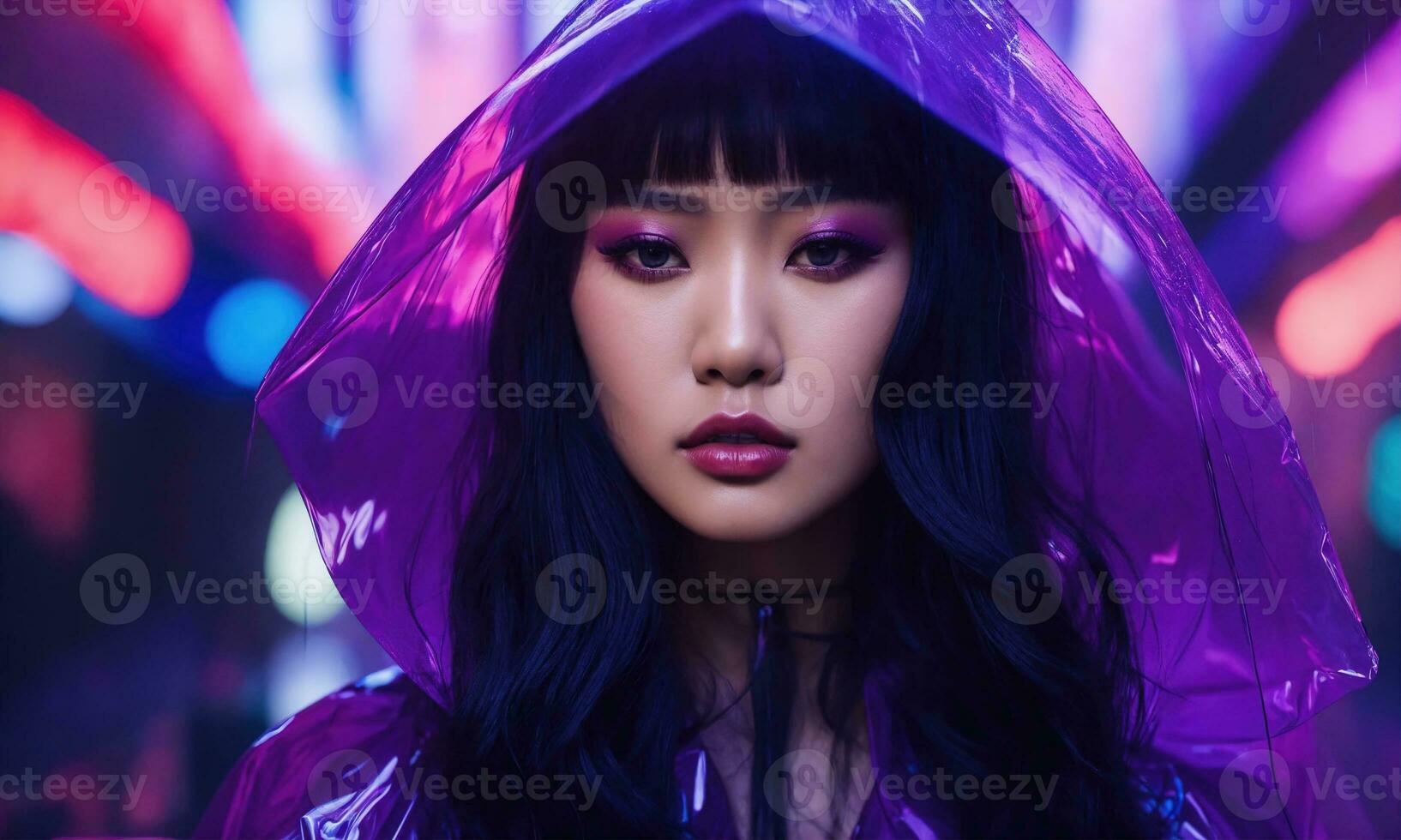 AI generated beautiful asian woman in purple raincoat walking in the city. ai generative photo
