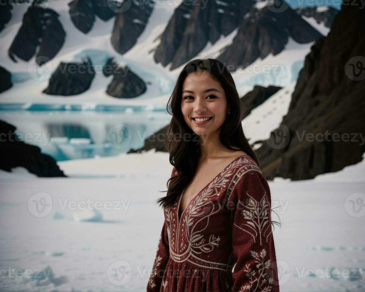 AI generated Portrait of a young woman smiling at camera in front of icebergs. ai generative photo