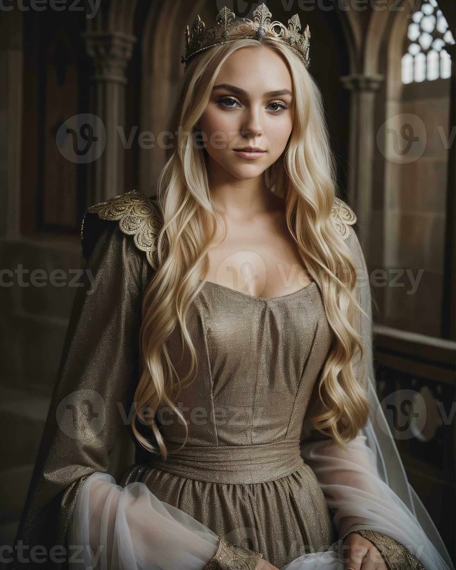 AI generated beautiful women in medieval dresses posing in front of a