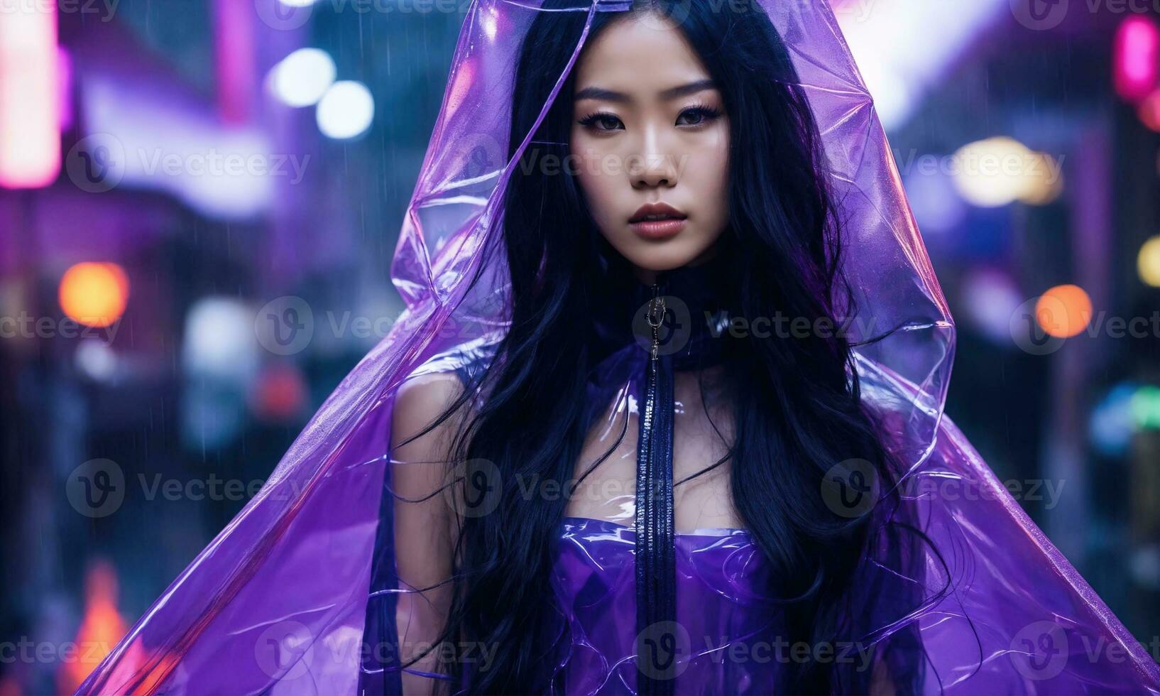 AI generated beautiful asian woman in purple raincoat walking in the city. ai generative photo