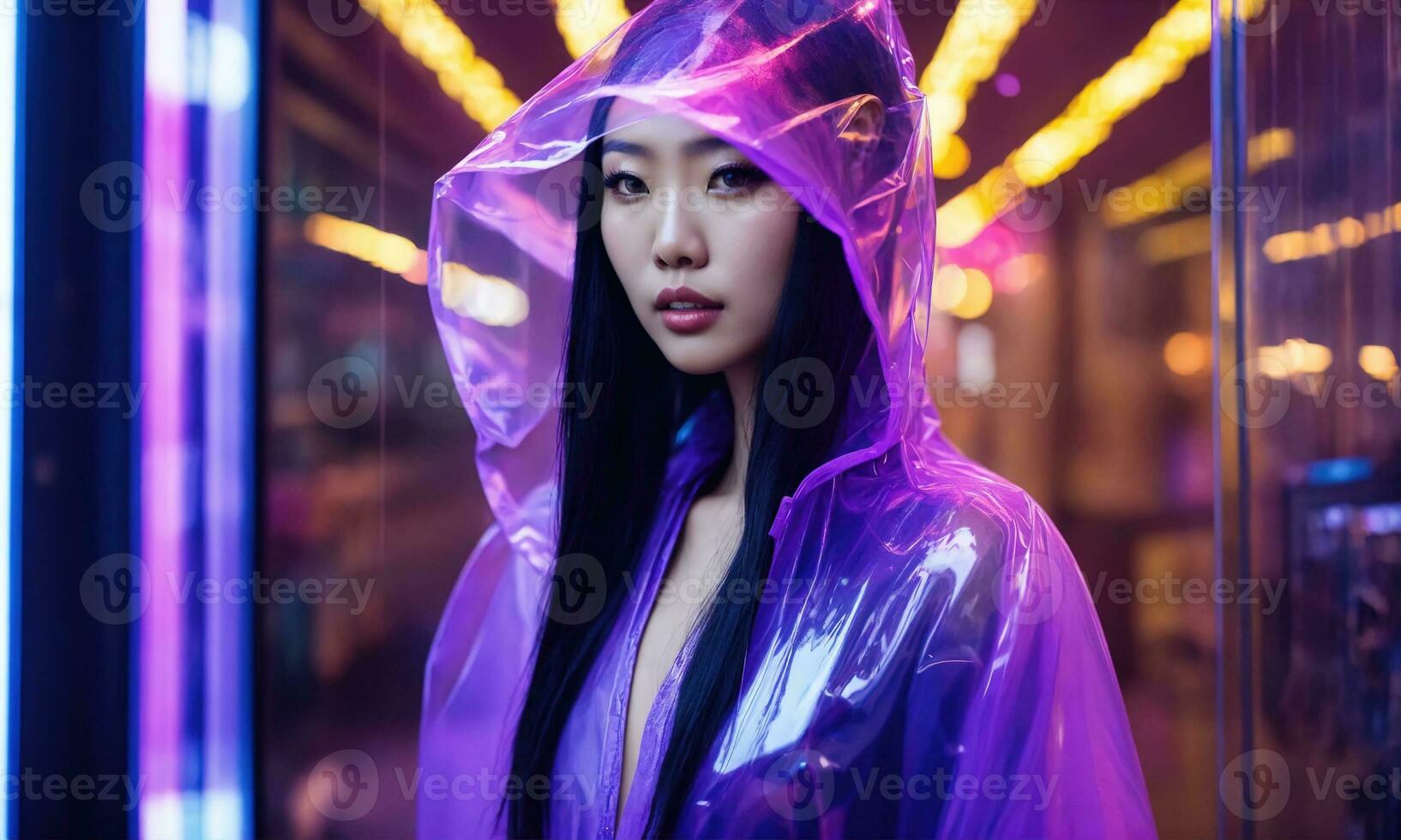 AI generated beautiful asian woman in purple raincoat walking in the city. ai generative photo