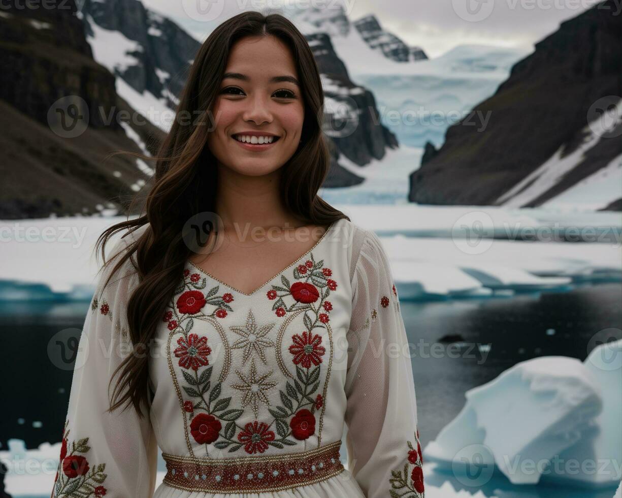 AI generated Portrait of a young woman smiling at camera in front of icebergs. ai generative photo