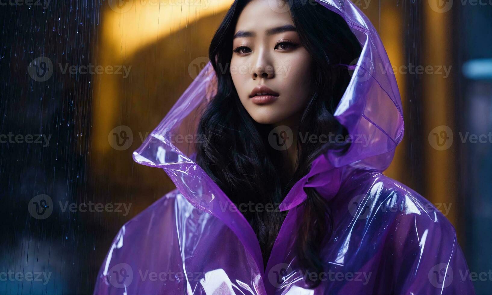 AI generated beautiful asian woman in purple raincoat walking in the city. ai generative photo