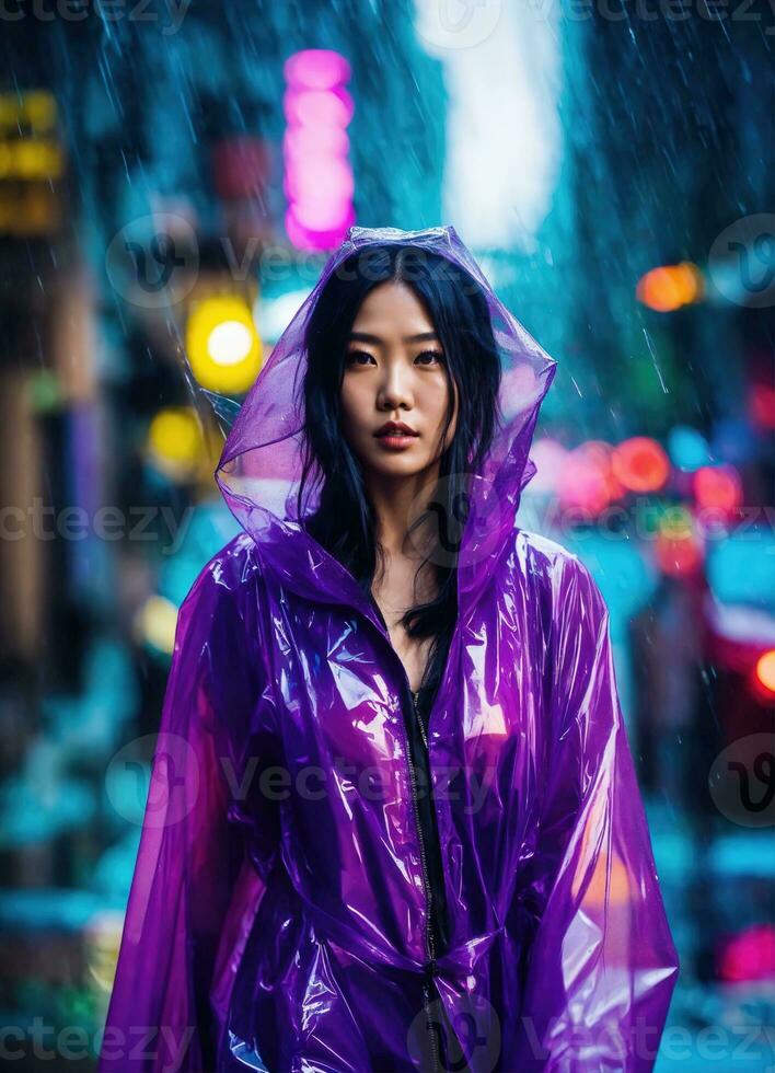 AI generated beautiful asian woman in purple raincoat walking in the city. ai generative photo