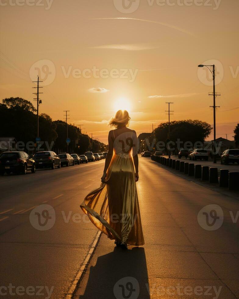 AI generated Beautiful young woman in a long yellow dress walking on the street at sunset. ai generative photo