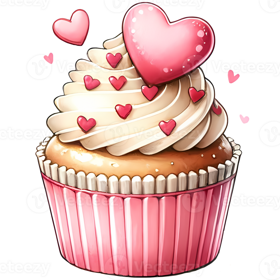 ai generato illustrazione di un' Cupcake con cuori per San Valentino giorno saluto carta png