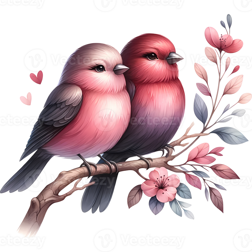 ai generado dos aves en un rama con flores San Valentín día png