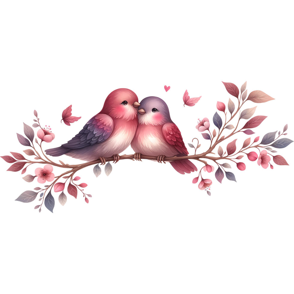 AI generated Two birds on a branch with flowers Valentine's day png