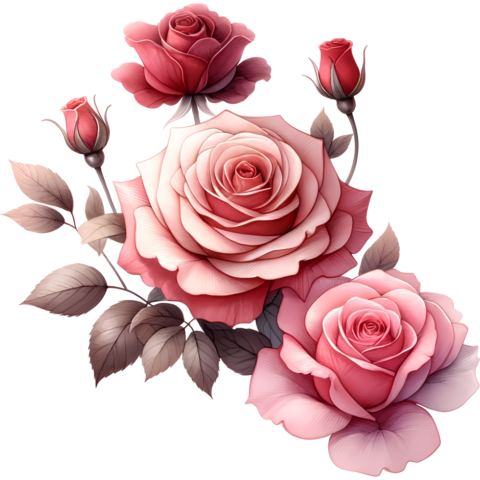 AI generated A beautiful pink rose with leaves a watercolor style Valentine png