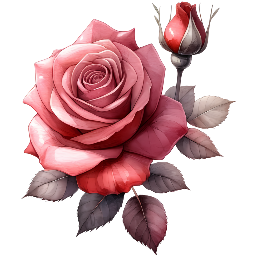 ai généré une magnifique rose Rose avec feuilles une aquarelle style Valentin png