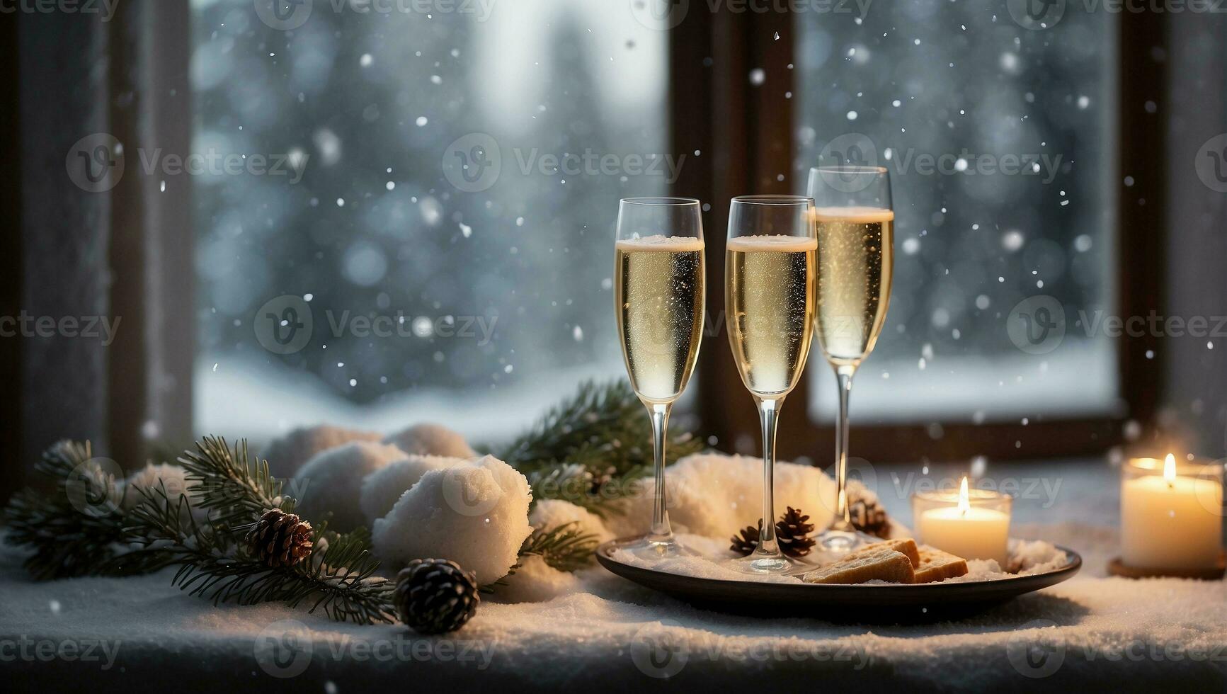 AI generated christmas still life with champagne photo