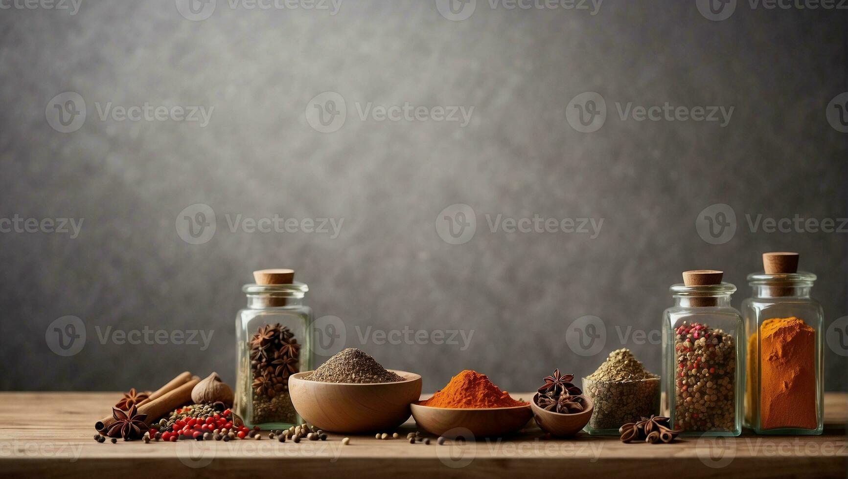 AI generated various spices and herbs in glass jars on wooden table copy space photo