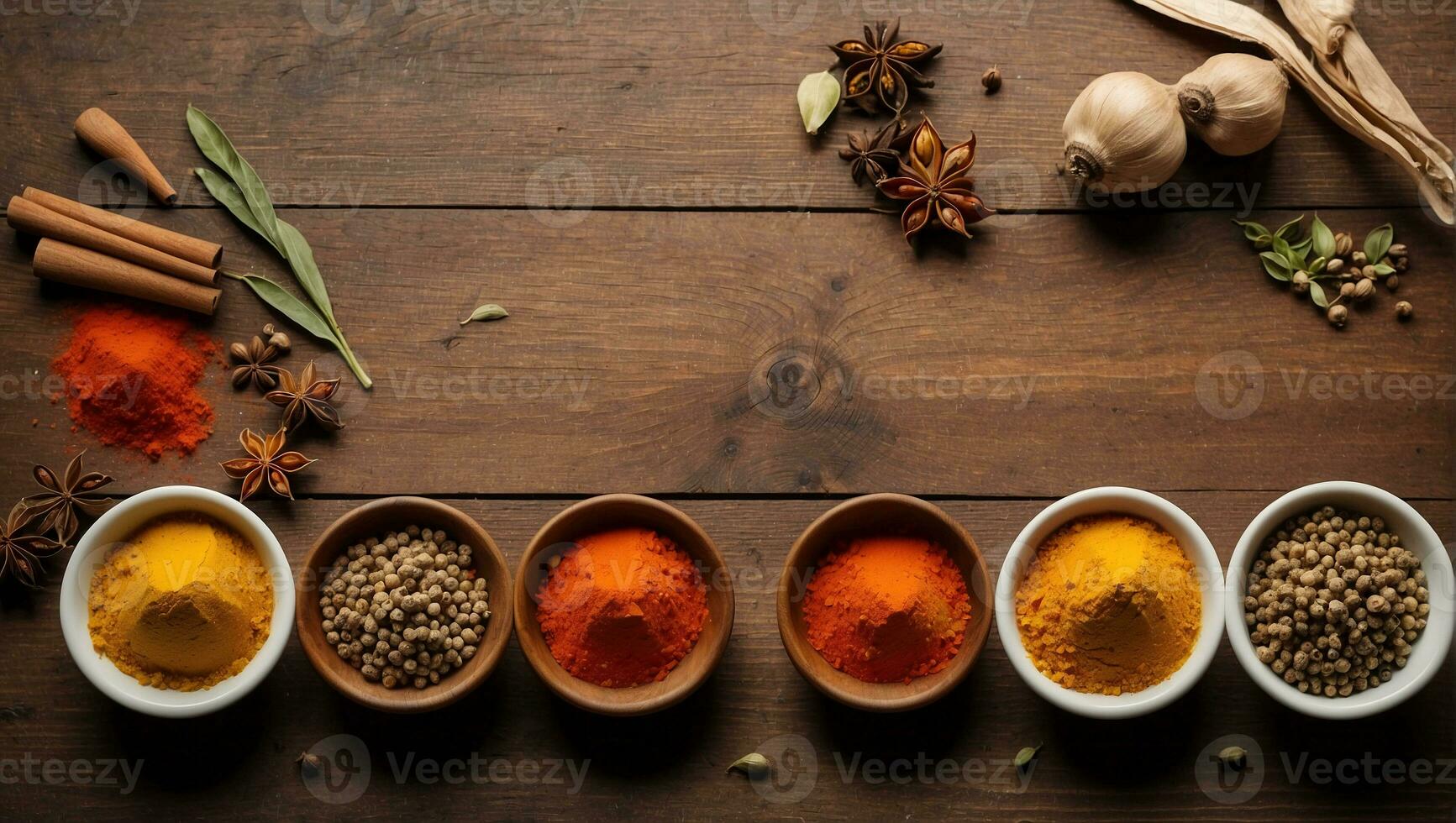 AI generated various spices and herbs in glass jars on wooden table copy space photo