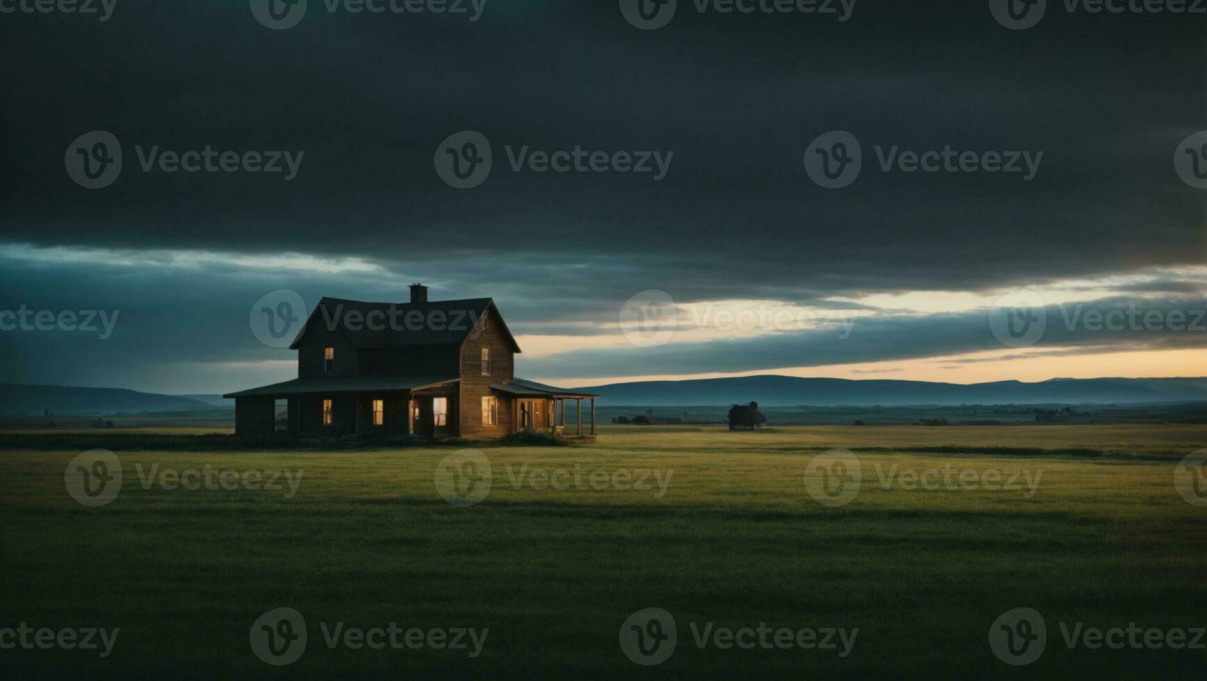 ai generado un casa de Campo en el medio de un campo a puesta de sol foto
