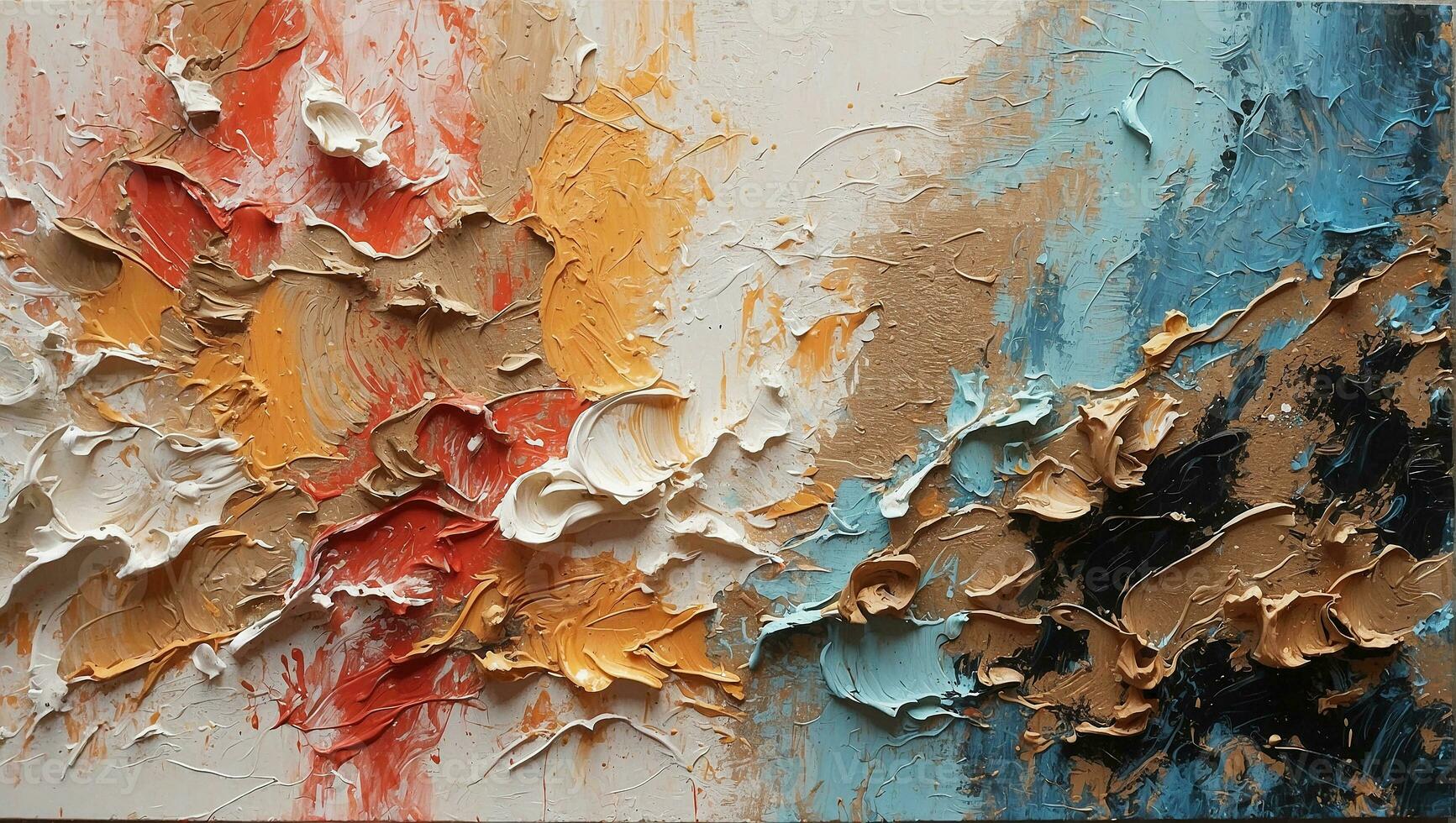AI generated an abstract painting with orange, blue and white paint photo