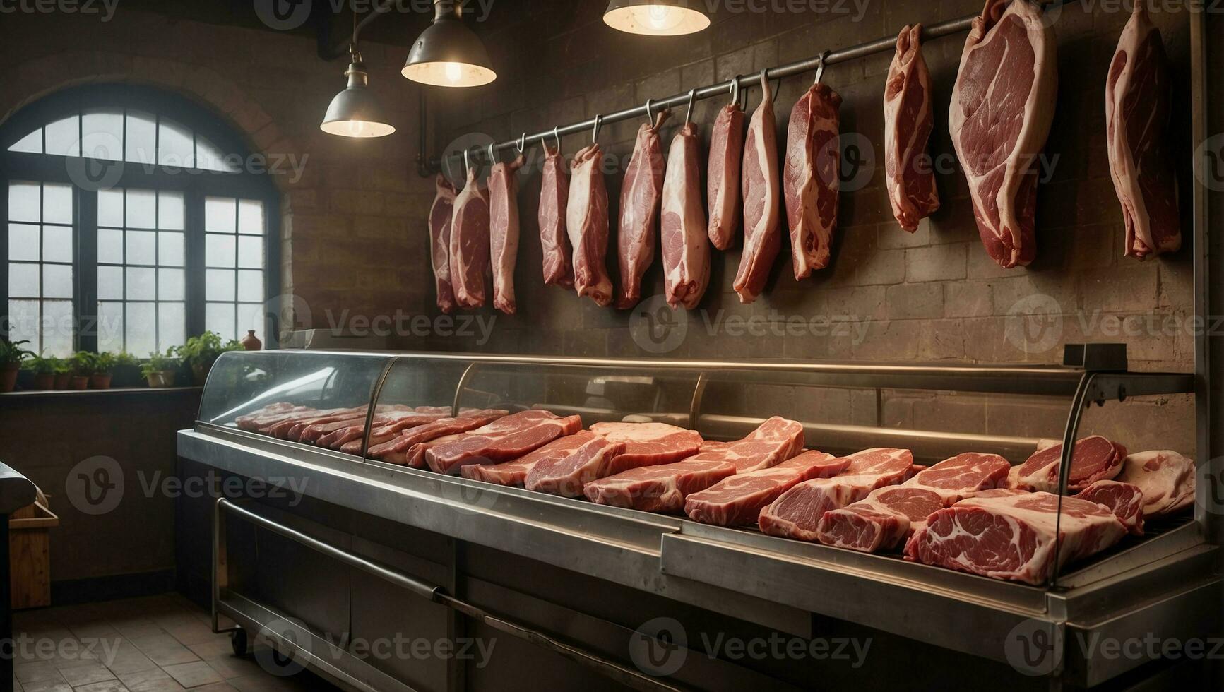 ai generado un carnicería tienda con carne en el mostrador foto