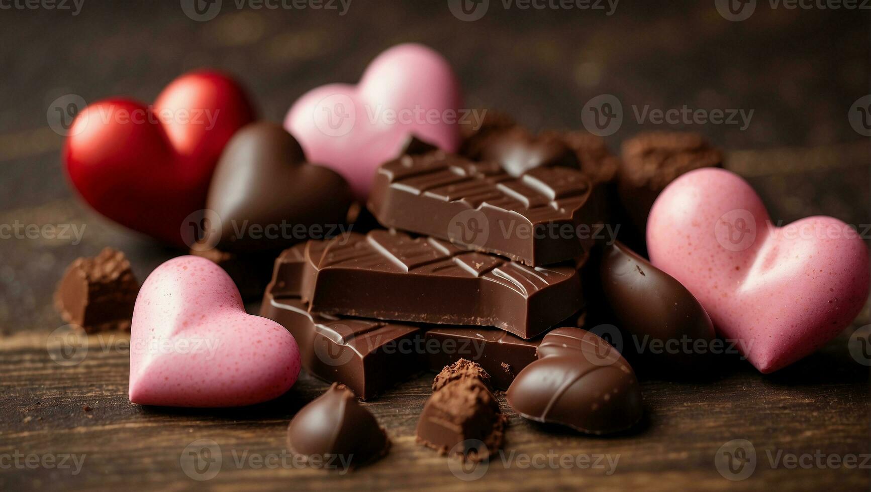 valentine's day chocolate hearts and bars on wooden background AI Generative photo