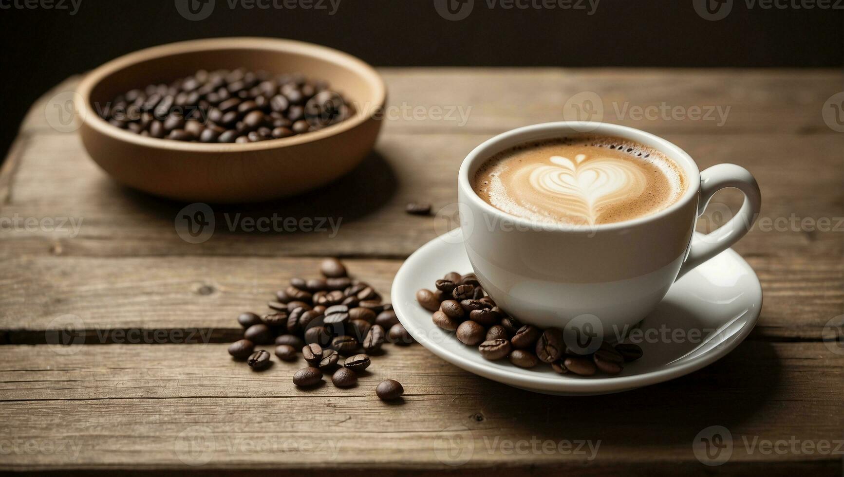 Coffee cup with latte art on wooden table background. AI generate photo