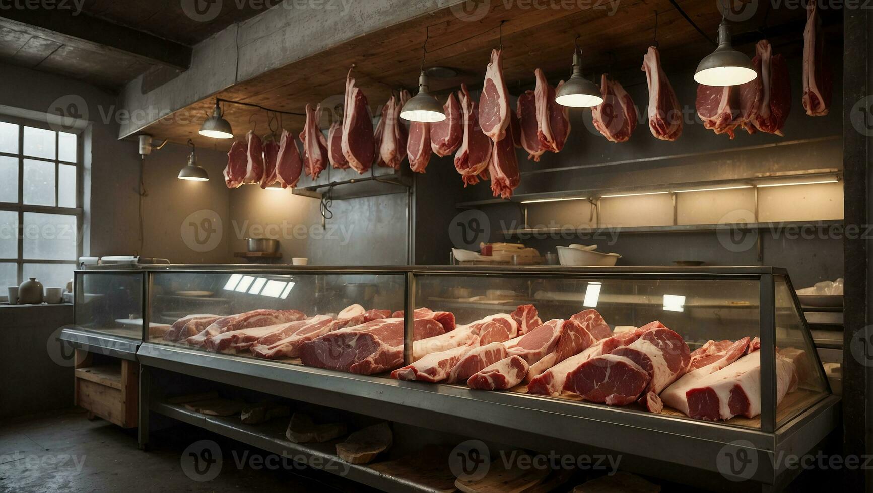 AI generated a butcher's shop with meat on the counter photo