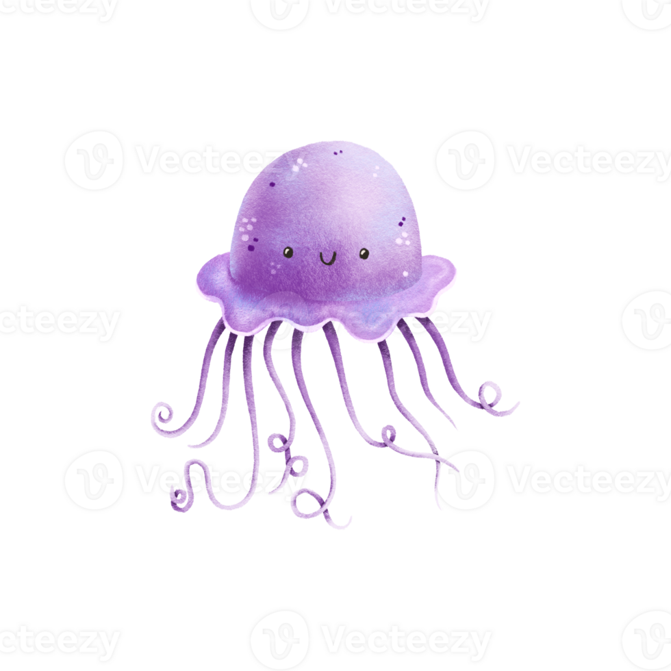 Illustration of a sea purple jellyfish. Fairytale sea character with eyes. Hand drawn illustration png