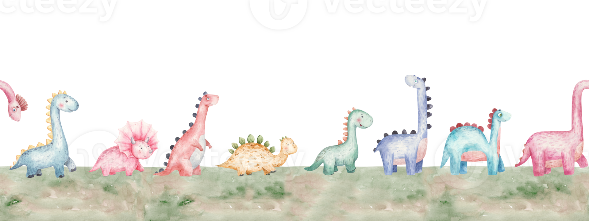 sömlös gräns mönster med dinosaurier, söt vattenfärg barns illustration png